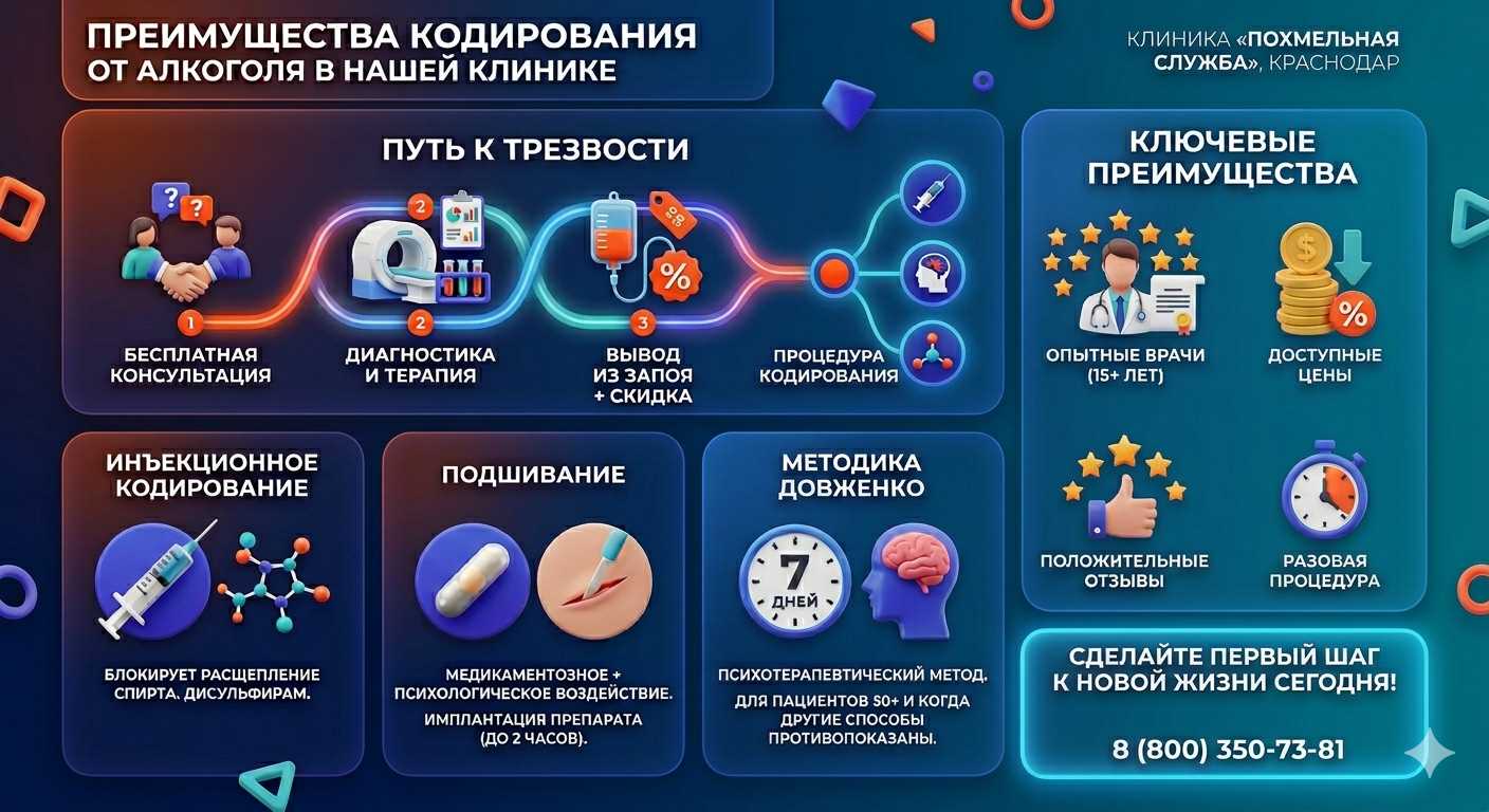 Инфографика о методах кодирования от алкоголя в Советском: инъекции, подшивание, метод Довженко. Преимущества клиники и этапы лечения.